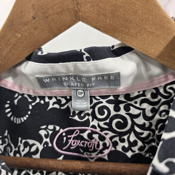 Foxcroft Shirt Womens 10 P Black White Button Up Wrinkle Free Non Iron Popover - Picture 3 of 14
